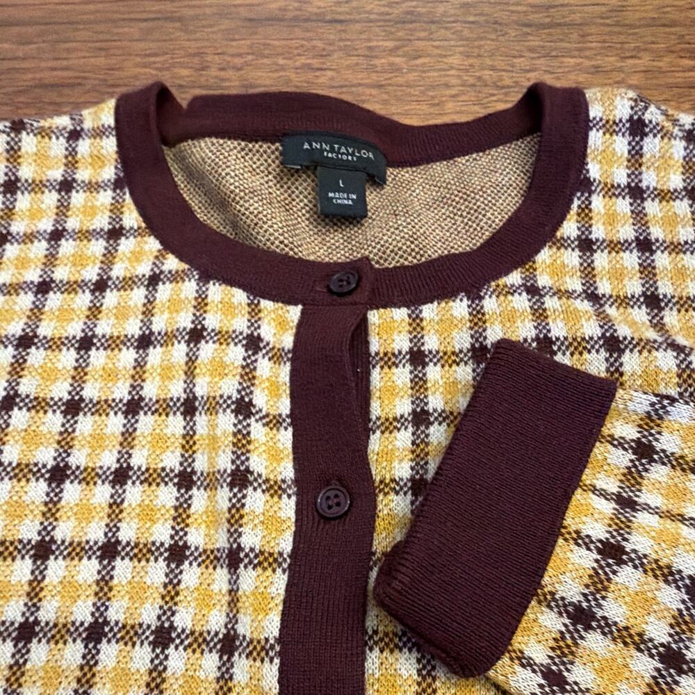 Ann Taylor Cardigan Sweater L Plaid Maroon Yellow Cotton Knit Preppy Old Money
